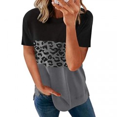 Acelitt Women Ladies Summer Round Neck Short Sleeve Casual Loose 2021 Comfy Soft Color Block Leopard Print T-Shirts Blouses Tops Tunic Tees for Women Black XL