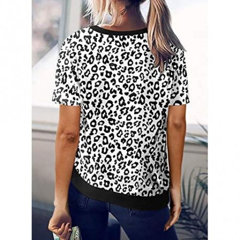 Acelitt Women Ladies Summer Round Neck Short Sleeve Casual Loose 2021 Comfy Soft White Leopard Print T-Shirts Blouses Tops Tunic Tees XL