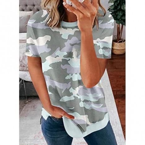 Acelitt Womens Ladies Summer Crewneck Short Sleeve Casual Loose 2021 Comfy Soft Camo T-Shirts Blouses Tops Tunic Tees Green L