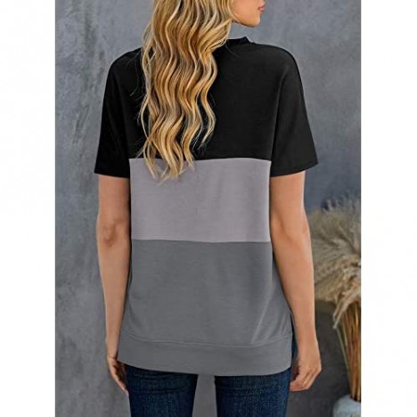 Acelitt Womens Ladies Summer Crewneck Short Sleeve Casual Loose 2021 Comfy Soft Color Block T-Shirts Blouses Tops Tunic Tees for Women Black L