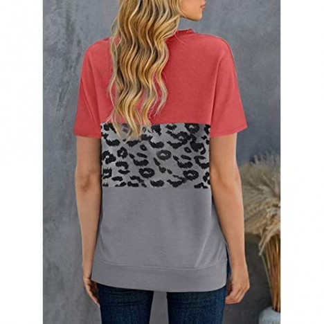 Acelitt Womens Ladies Summer Crewneck Short Sleeve Casual Loose 2021 Comfy Soft Color Block Leopard Print T-Shirts Blouses Tops Tunic Tees for Women Gray L