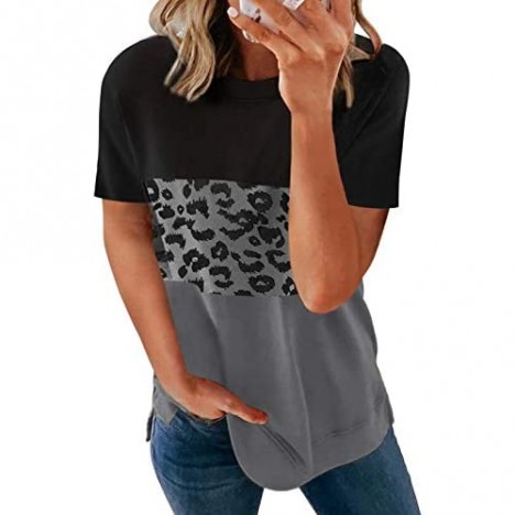 Acelitt Womens Ladies Summer Crewneck Short Sleeve Casual Loose 2021 Comfy Soft Color Block Leopard Print T-Shirts Blouses Tops Tunic Tees for Women Black L