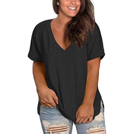 Allaruna Womens Plus-Size T-Shirts Short Sleeve V Neck Side Split Tunic Tops