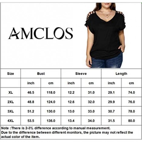 AMCLOS Womens Tops Plus Size V Neck Blouse Cold Shoulder Ripped Short Sleeve Tee Shirts