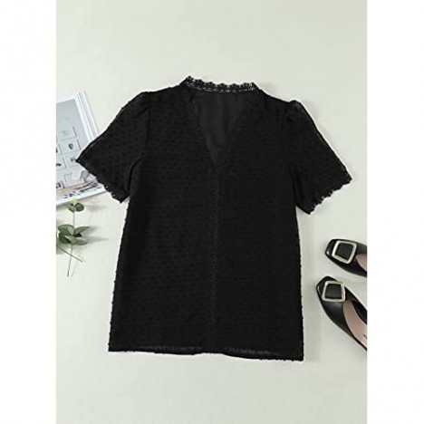 BLENCOT Women's Casual Lace Puff Short Sleeve Blouse Summer Loose V Neck Tops Cute Blouses Tee Shirts