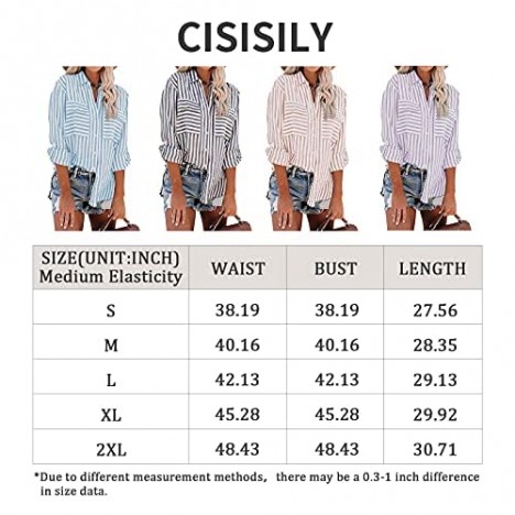 Cisisily Women's Stylish Striped Shirts Casual Cuffed Sleeve V Neck Button Down Blouses Tops with Pockets S-2XL