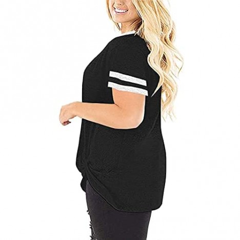 DOLNINE Plus-Size Tops for Women Summer V Neck T Shirts Knot Striped Tunics Tee