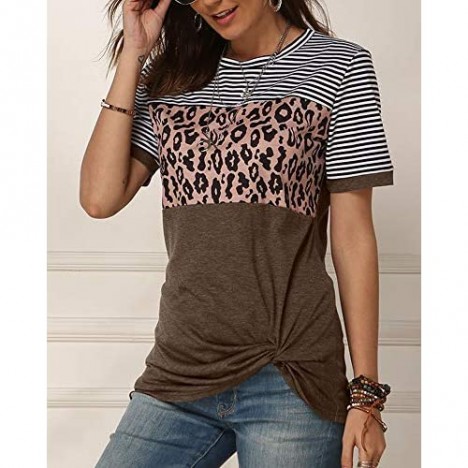 Ferrtye Womens Leopard Striped T Shirts Color Block Short Sleeve Twist Knot Summer Tops Tee
