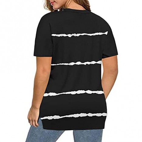 ROSRISS Plus-Size Tops for Women Striped T Shirts Summer Tunics Side Split Tees