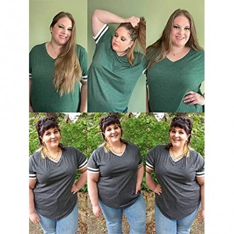 ROSRISS Plus-Size Tops for Women Summer Casual T Shirts V Neck Striped Tunics