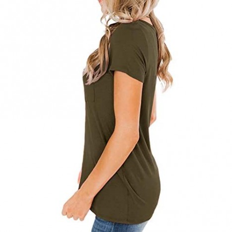 Sovelen Women's Notched Scoop Neck Short Sleeve Tops Casual Cute Summer Plain Color T-Shirts Basic Tees with Pocket