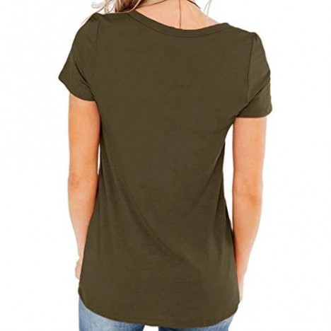 Sovelen Women's Notched Scoop Neck Short Sleeve Tops Casual Cute Summer Plain Color T-Shirts Basic Tees with Pocket