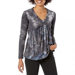 Star Vixen Women's Plus Size Long Sleeve Babydoll Top with V Neck Teal Charcoal Tiedye 1X