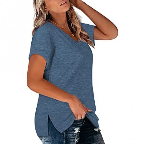 VISLILY Plus-Size-Womens-Tops V Neck Roll Sleeve T Shirts Summer Side Split Tee