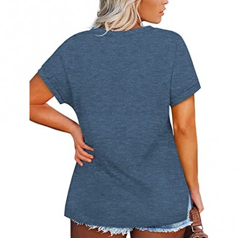 VISLILY Plus-Size-Womens-Tops V Neck Roll Sleeve T Shirts Summer Side Split Tee