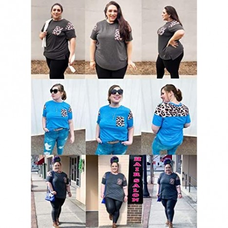 VISLILY Women's Plus Size Tops Leopard Print Short Sleeve Raglan Color Block Shirts with Pocket