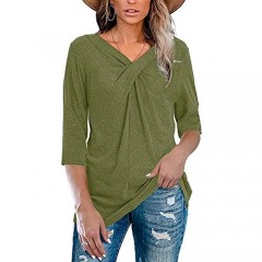 Womens 3/4 Sleeve V Neck T Shirt Plus Size Casual Cross Knot Loose Tunic Tops