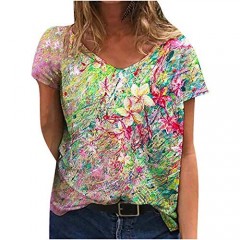 Womens Short Sleeve Shirts Cute Printed V-Neck Tshirts Blouse Summer Casual Tops Loose Fit Graphic Tees