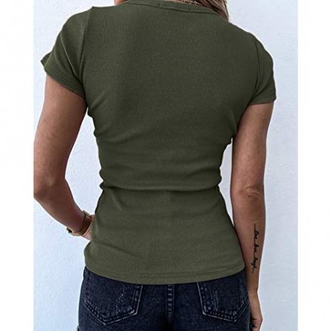 Womens V Neck Bodycon Shirts Short Sleeve Knit Sexy Summer Slim Fit Tee Tops