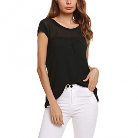 Zeagoo Womens Casual Loose Round Neck Cap Sleeve Top Chiffon Stitching Pleated Pullover Blouse