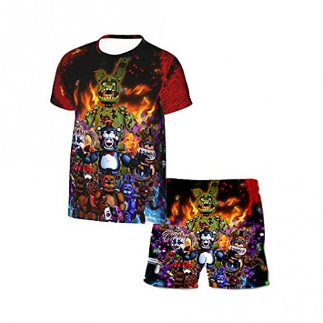 Miollibarn Five Nights at Freddy's Kids Short Sleeve T Shirt Round Neck Shirts Shorts Two-Piece Suit