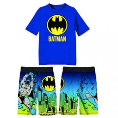 Warner Brothers Boys Batman Logo Blue Rashguard and Swimshort Set Fashionable Swimwear for Kids