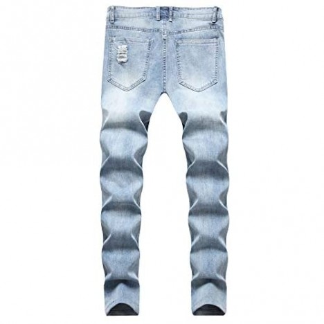 Boy's Fashion Ripped Distressed Skinny Fit Jeans Mid Waist Washed Slim Denim Pants