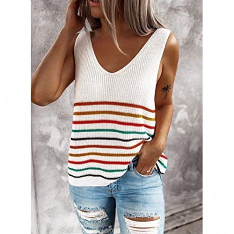 AlvaQ Women Casual Striped Sleeveless Tops Summer V Neck Loose Flowy Tank Tops Shirts and Blouses Fashion White Large
