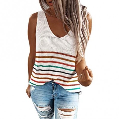 AlvaQ Women Casual Striped Sleeveless Tops Summer V Neck Loose Flowy Tank Tops Shirts and Blouses Fashion White Large