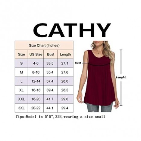 CATHY Women's Sleeveless Pleated Front T-Shirt Scoop Neck Tank Vest Pullover Blouses
