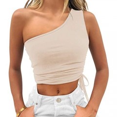 Vivitulip Women's Sexy Sleeveless Crop Tops Casual One Shoulder Drawstring Strappy Tees