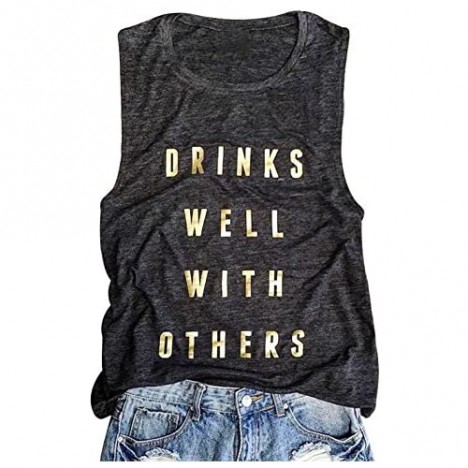 Women Funny Drinking Tank Drinks Well with Others Tank Top Sleeveless Casual Drink Alcohol Tees Shirt Tanks