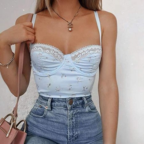 Women Lace Patchwork Crop Top Sexy V Neck Spaghetti Strap Tank Cami See Through Camisole Shirt Y2k E Girl Clothes