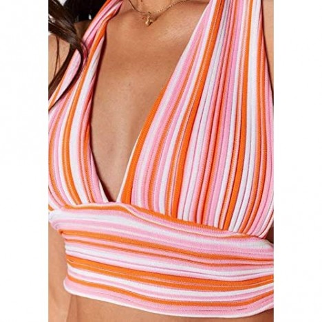 Y2K Sexy Deep V Neck Knit Halter Crop Cami Top Women Tie Back Striped Sleeveless Backless Crop Top