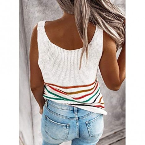 AlvaQ Womens V Neck Sleeveless Tanks Shirts Summer Colorblock Striped Camisole Cami Vest Tunic Tops White Medium