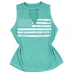 FAYALEQ American Flag Print Hollow Out V-Neck Tank Tops Womens Sleeveless Shirt Tee Cami