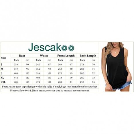 Jescakoo V Neck Tank Tops for Women Side Split Sleeveless Shirts Loose Fit