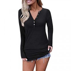 OUGES Womens Long Sleeve V-Neck Button Causal Tops Blouse T Shirt