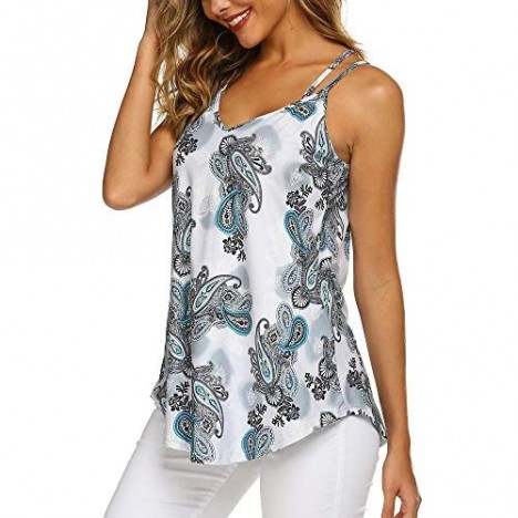 OURS Women's Casual Floral Print Double Spaghetti Strap Tunic Tops Summer V Neck Paisley Sleeveless Tank Shirts