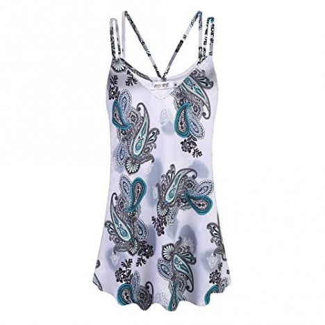 OURS Womens Casual Floral Print Double Spaghetti Strap Tunic Tops Summer V Neck Paisley Sleeveless Tank Shirts 