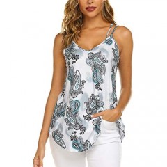 OURS Women's Casual Floral Print Double Spaghetti Strap Tunic Tops Summer V Neck Paisley Sleeveless Tank Shirts