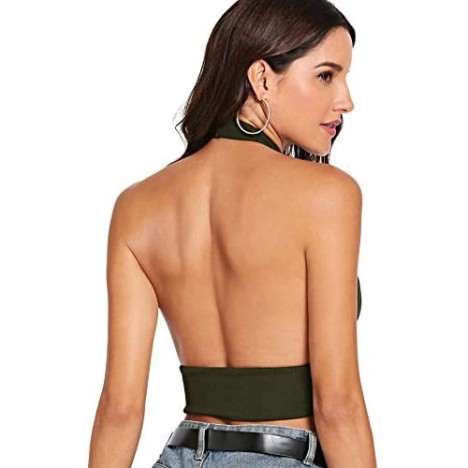 SheIn Women's Sexy Cut Out Halter Knit Ribbed Backless Crop Tank Top