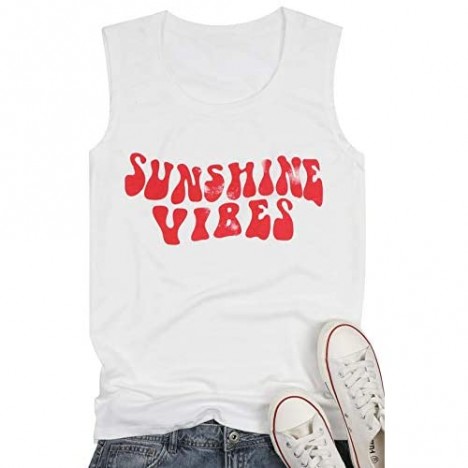 Sunshine Vibes Letter Print Vest T Shirt Women's Summer Sleeveless Graphic Tank Tops Casual Loose Workout Tees