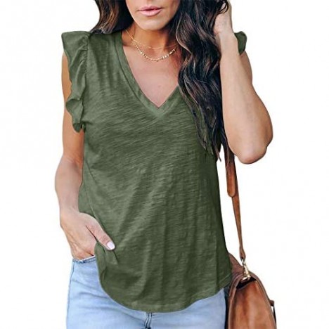 Valphsio Womens Casual V Neck Blouse Tops Frilled Ruffles Solid Sleeveless Tanks