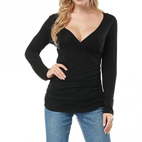 Allegrace Women Open V Front Wrap Pleated Slim Top Tee Long Sleeve Ruched T Shirt