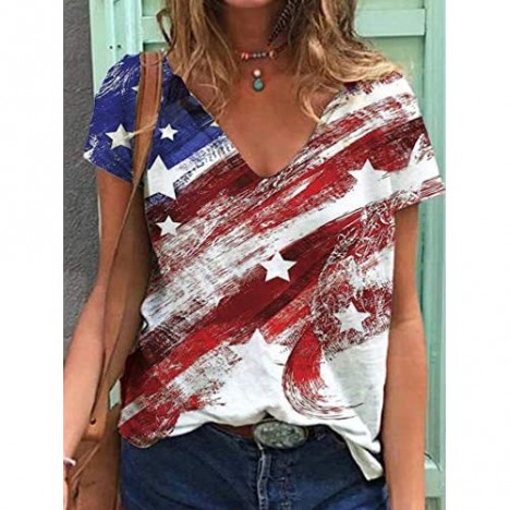 DeyBey Women's Printed Short-Sleeved Casual V-Neck T-Shirt with American Flag Pattern Size S-2XL