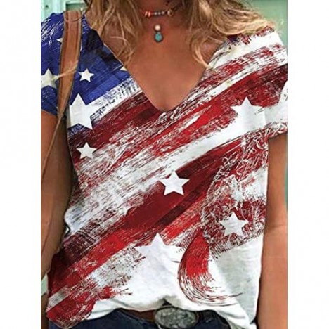 DeyBey Women's Printed Short-Sleeved Casual V-Neck T-Shirt with American Flag Pattern Size S-2XL