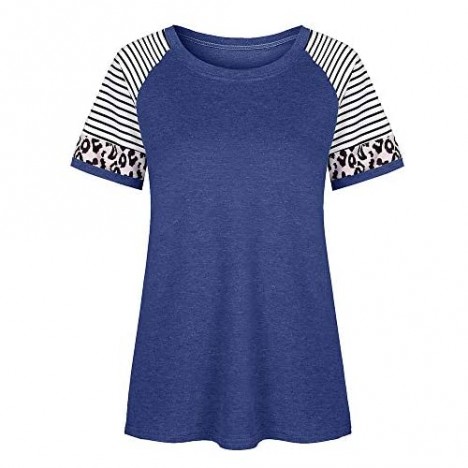 HEOXYZ Women's Short Sleeve Leopard Color Block Shirts Casual Round Neck Striped Sleeve T Shirts Blouses Tops