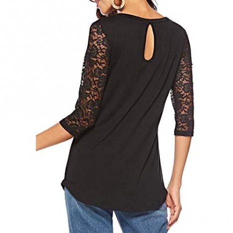 Koitmy Women's 3/4 Lace Sleeve Round Neck T-Shirt Casual Blouses Tunics Tops