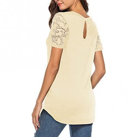 Koitmy Women's Lace Short Sleeve Round Neck T-Shirt Casual Blouse Tunics Tops